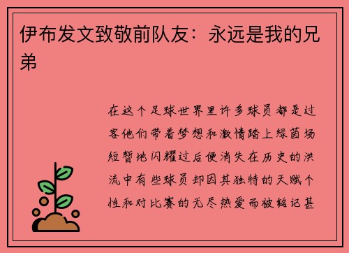 伊布发文致敬前队友：永远是我的兄弟