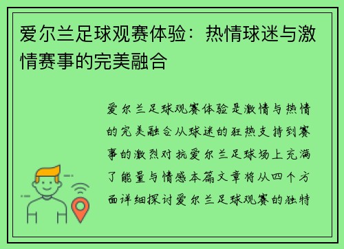 爱尔兰足球观赛体验：热情球迷与激情赛事的完美融合