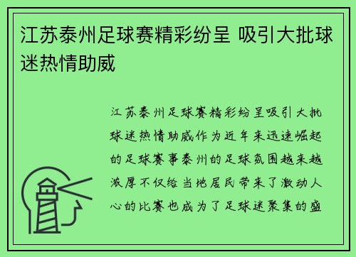 江苏泰州足球赛精彩纷呈 吸引大批球迷热情助威