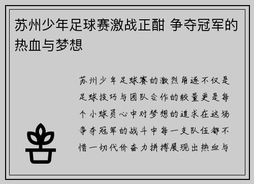 苏州少年足球赛激战正酣 争夺冠军的热血与梦想