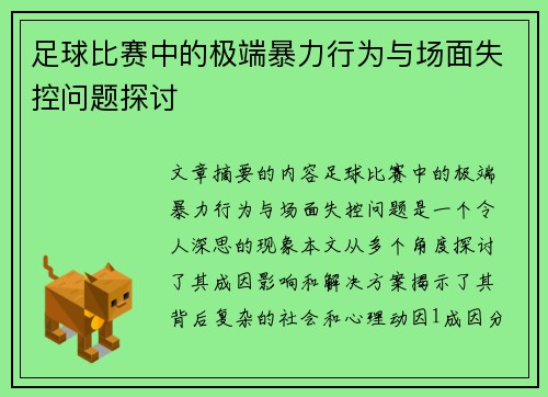 足球比赛中的极端暴力行为与场面失控问题探讨