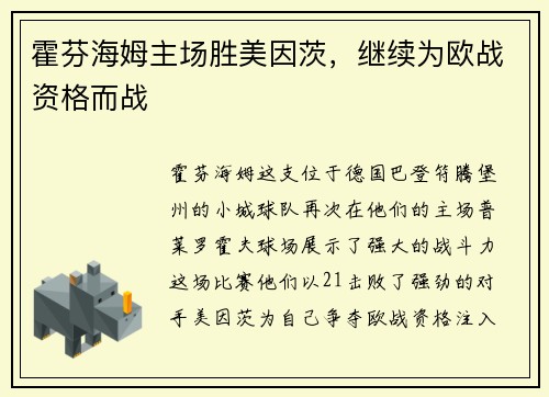 霍芬海姆主场胜美因茨，继续为欧战资格而战
