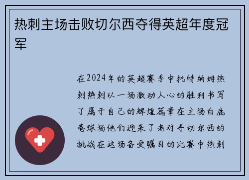 热刺主场击败切尔西夺得英超年度冠军