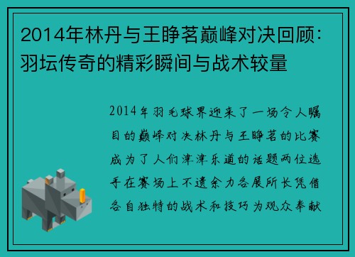 2014年林丹与王睁茗巅峰对决回顾：羽坛传奇的精彩瞬间与战术较量