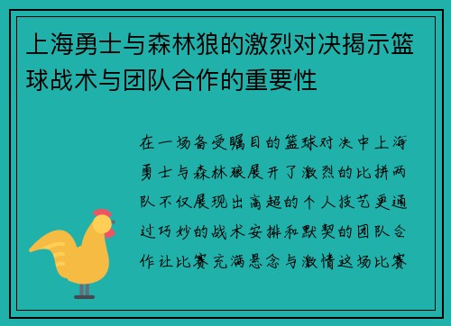 上海勇士与森林狼的激烈对决揭示篮球战术与团队合作的重要性