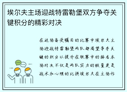 埃尔夫主场迎战特雷勒堡双方争夺关键积分的精彩对决
