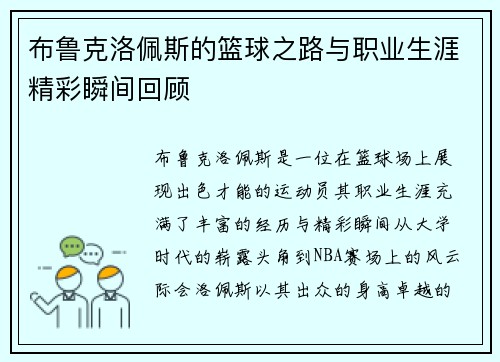 布鲁克洛佩斯的篮球之路与职业生涯精彩瞬间回顾