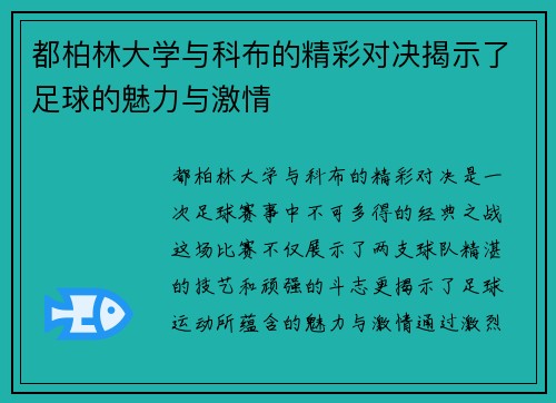都柏林大学与科布的精彩对决揭示了足球的魅力与激情