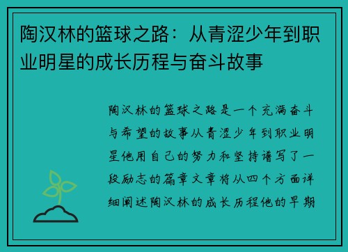 陶汉林的篮球之路：从青涩少年到职业明星的成长历程与奋斗故事