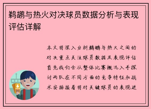 鹈鹕与热火对决球员数据分析与表现评估详解