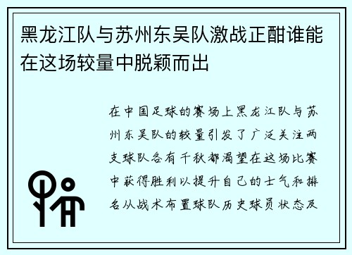 黑龙江队与苏州东吴队激战正酣谁能在这场较量中脱颖而出