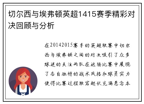切尔西与埃弗顿英超1415赛季精彩对决回顾与分析