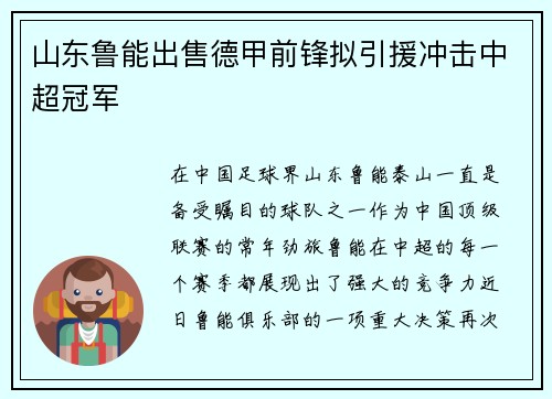 山东鲁能出售德甲前锋拟引援冲击中超冠军