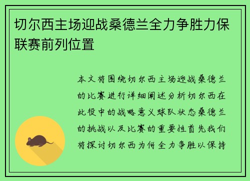 切尔西主场迎战桑德兰全力争胜力保联赛前列位置