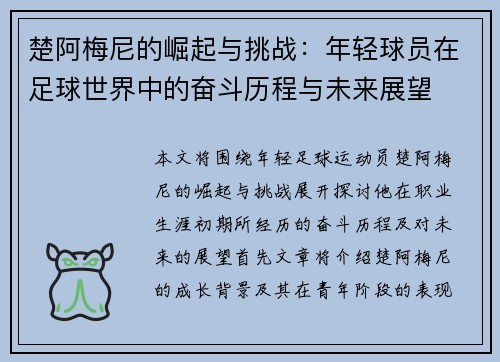楚阿梅尼的崛起与挑战：年轻球员在足球世界中的奋斗历程与未来展望