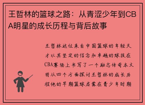 王哲林的篮球之路：从青涩少年到CBA明星的成长历程与背后故事