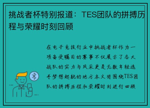 挑战者杯特别报道：TES团队的拼搏历程与荣耀时刻回顾