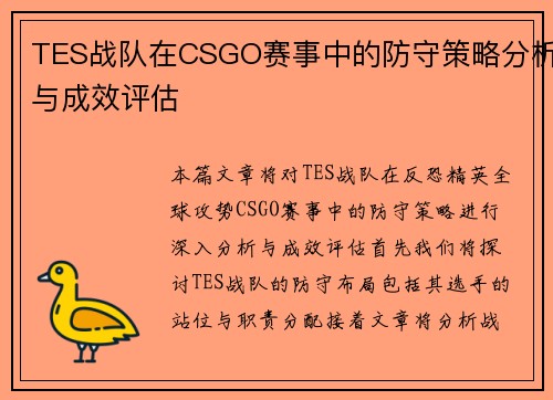 TES战队在CSGO赛事中的防守策略分析与成效评估