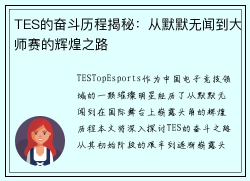 TES的奋斗历程揭秘：从默默无闻到大师赛的辉煌之路