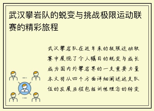 武汉攀岩队的蜕变与挑战极限运动联赛的精彩旅程
